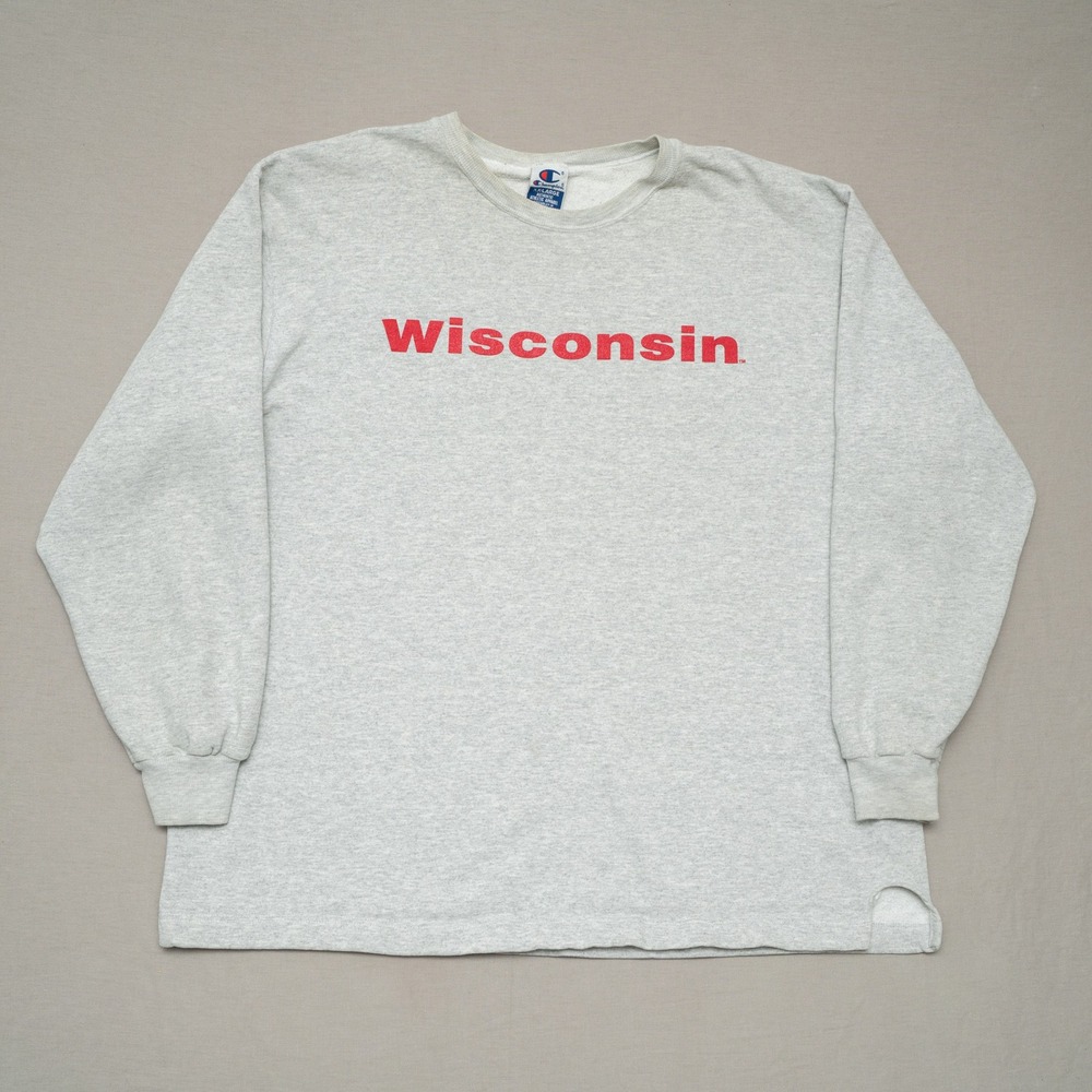Vintage Wisconsin Gray Champion Crewneck Sweatshirt XXL Red Spell‎ Out Boxy